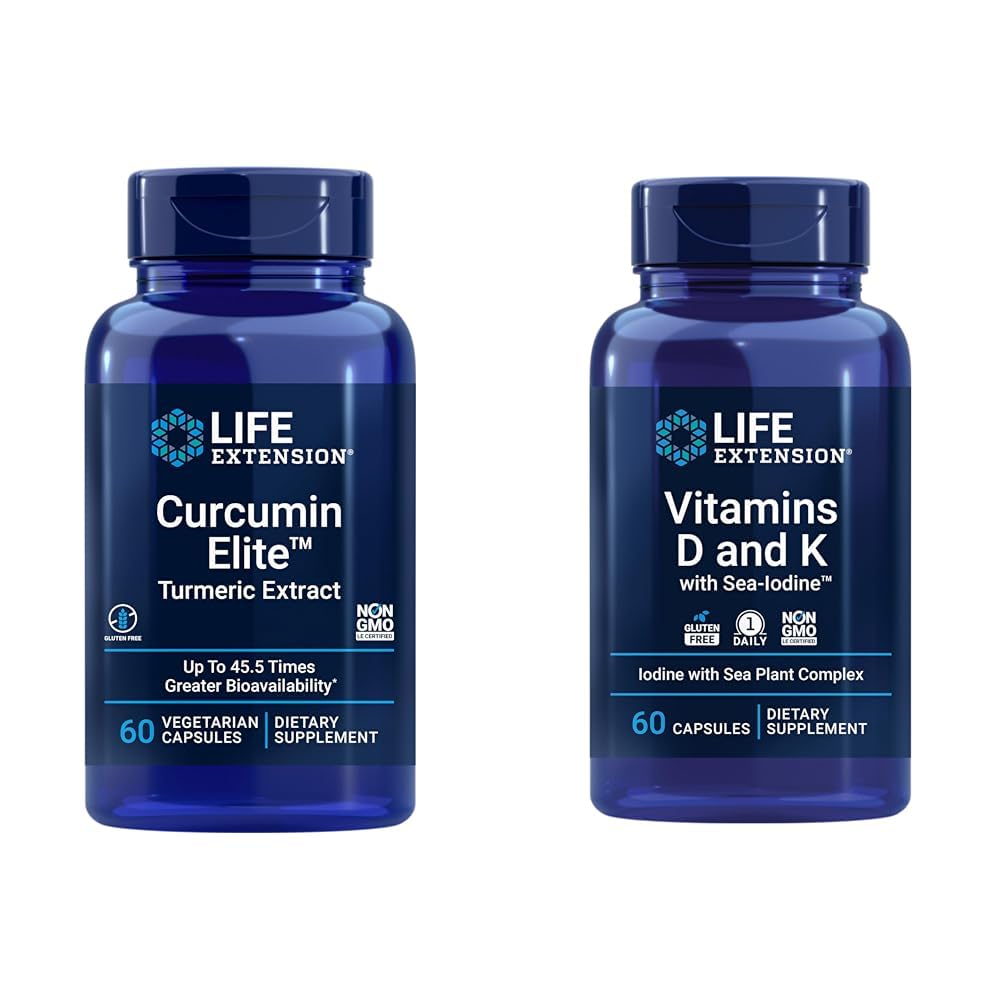 Life Extension Curcumin Elite Turmeric Extract, Sea-Iodine, Vitamin D3, Vitamin K1 ve K2 ile Sağlıklı Bir enflamatuar Yanıt & Vitamins D ve K'i teşvik eder.