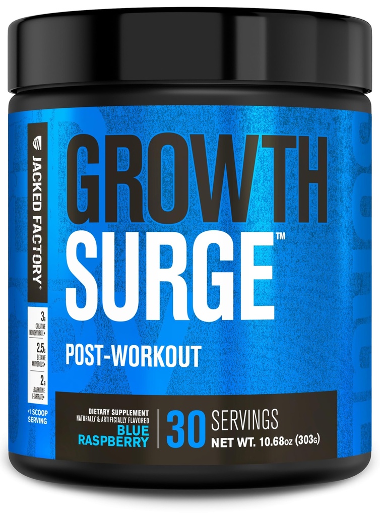 Jacked Factory Growth Surge Creatine Post Workout w/L-Carnitine - Daily Muscle Builder & Recovery Supplement with Creatine Monohydrate, Betaine, L-Carnitine L-Tartrate - 30 Servings, Blue Raspberry