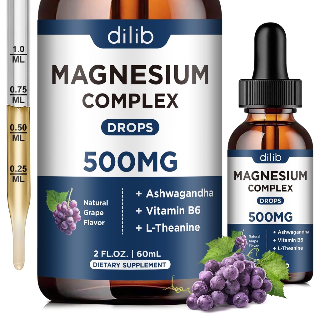 Magnezyum Glycinate Liquid Drops, Gly Magnezyum Supplement 500 mg with Citrate, Malate, Ashwagandha, L-Theanine, B6 for Sleep, Stress Relief, Bone, Muscle, Mood, Grape Flavor 2 Fl Oz