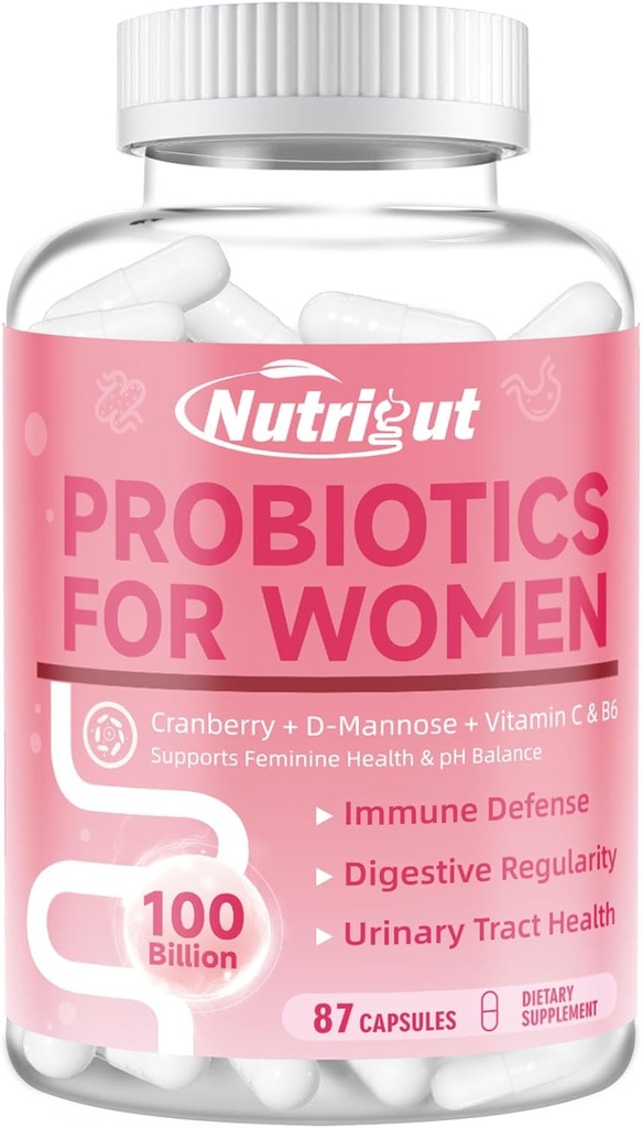 Women 100 Milyar CFUs Probiyotik ve Prebiyotikler için Gut Health için Digestive Enzymes, Vaginal Probiyotikler ile Cranberry ve D-Mannose for Urinary Tract Health, pH Balance, 87 Capsules
