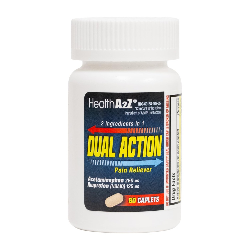 HealthA2Z® Dual Action Pain Relief | Acetaminophen 250 mg & Ibuprofen 125 mg (NSAID) | İki Tıp Baş Ağrısı, Ateş ve Sırt Ağrısı | Ağrı Reliever & Ateşleme | 80 Caplets