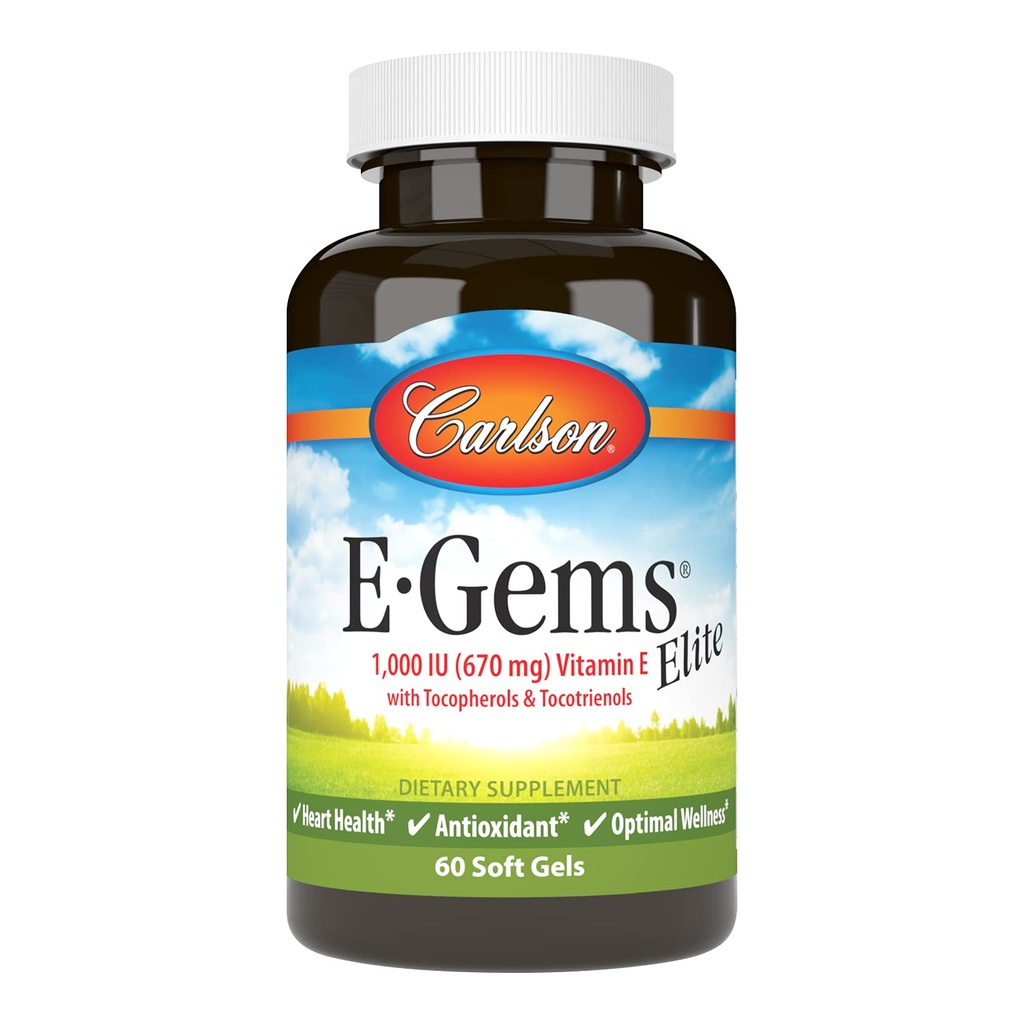 Carlson - E-Gems Elite, 1000 IU (670 mg) Tocopherols ve Tocotrienols, Optimal Wellness, 60 Softgels