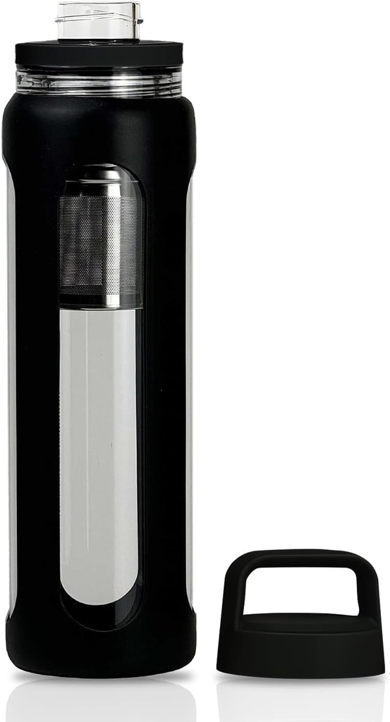20oz Glass Su Şişesi, 2 Tier Lid ile 600 ml Mug (Wide Mouth ve Small Mouth Düz İçme) Çay Leak Şişe - Spor Yoga Açık Etkinlikler (Black)