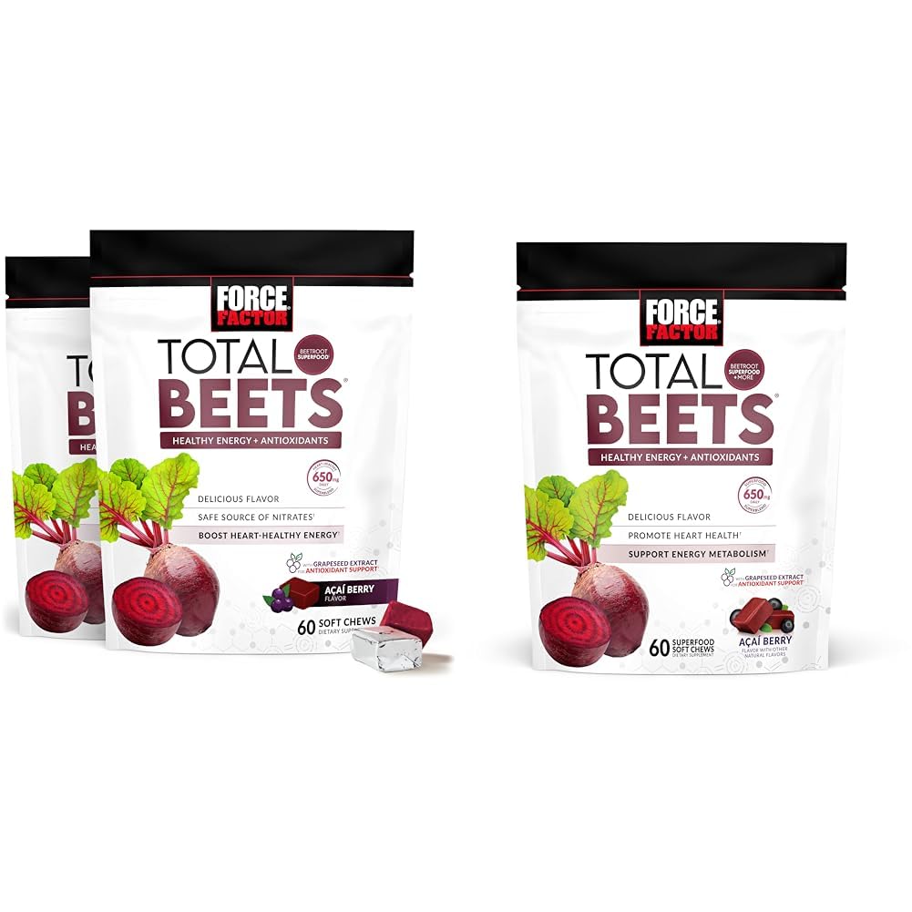 Force Factor Total Beets Soft Chews with Beetroot, Nitrates, L-Citrulline, Grapeseed Extract & Antioksis, Health Supplement, 120 2Pack & 60 Count