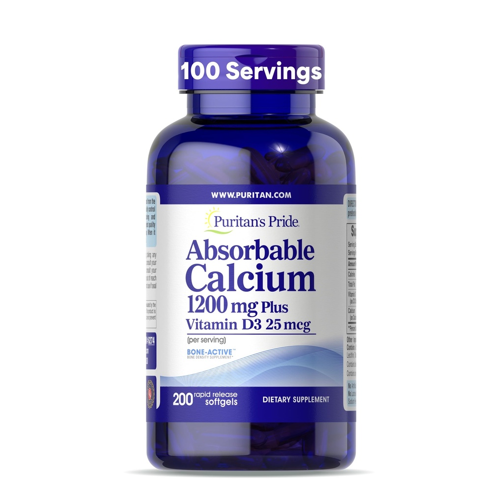 Puritan's Pride Absorbabledis 1200 mg Plus Vitamin D3 2506 1000 I with Bone-ActiveTM, 200 Hızlı Yayın Softgels