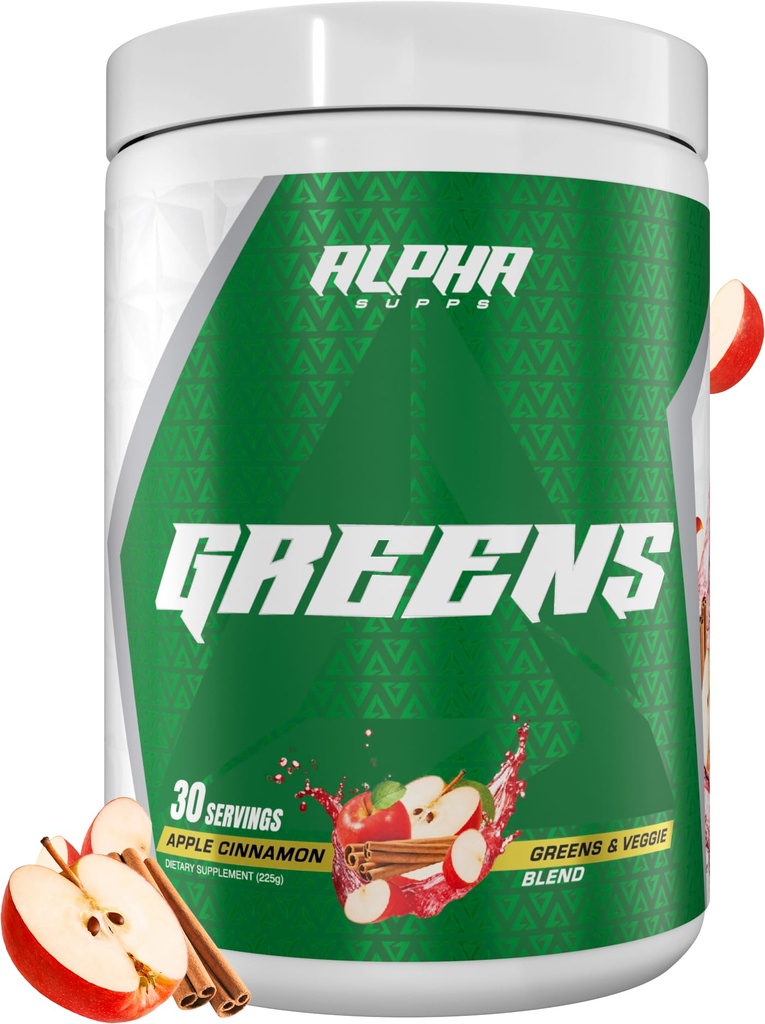Alfa Supps - Alpha Greens Supplement | Meyve ve Sebze Superfood Toz | 40 Doğal Bitki Temel Malzemeler | Prebiyotik & Probiyotik Digestive Support Mix - 30 Hizmet (Apple Cinnamon)