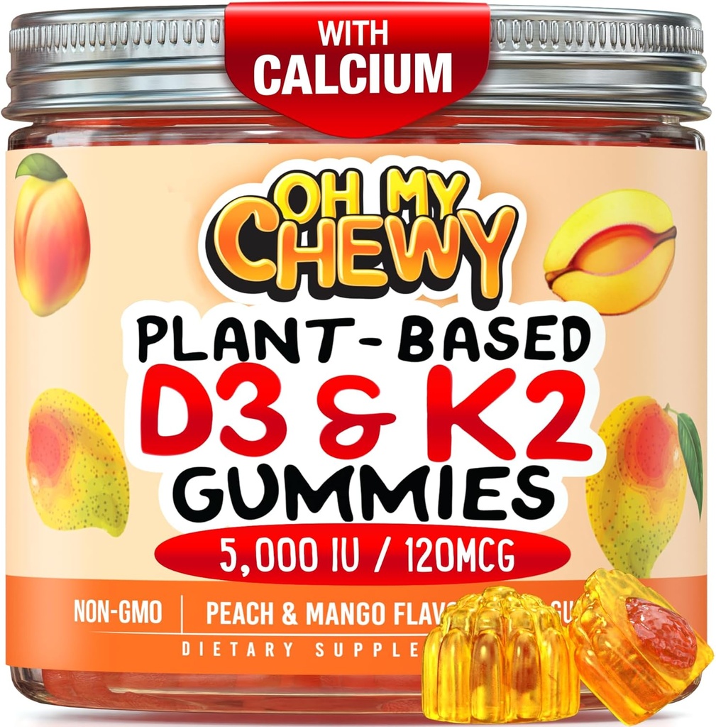Center-Filled Vitamin D3 K2 Gummies - Çocuklar, Gençler ve Yetişkinler - Sağlıklı Dişler, Bone, Energy & Immunity - 5000 IU D3, 120 mcg K2 (MK-7), 120 mg - Vegan & Non-GMO - 120