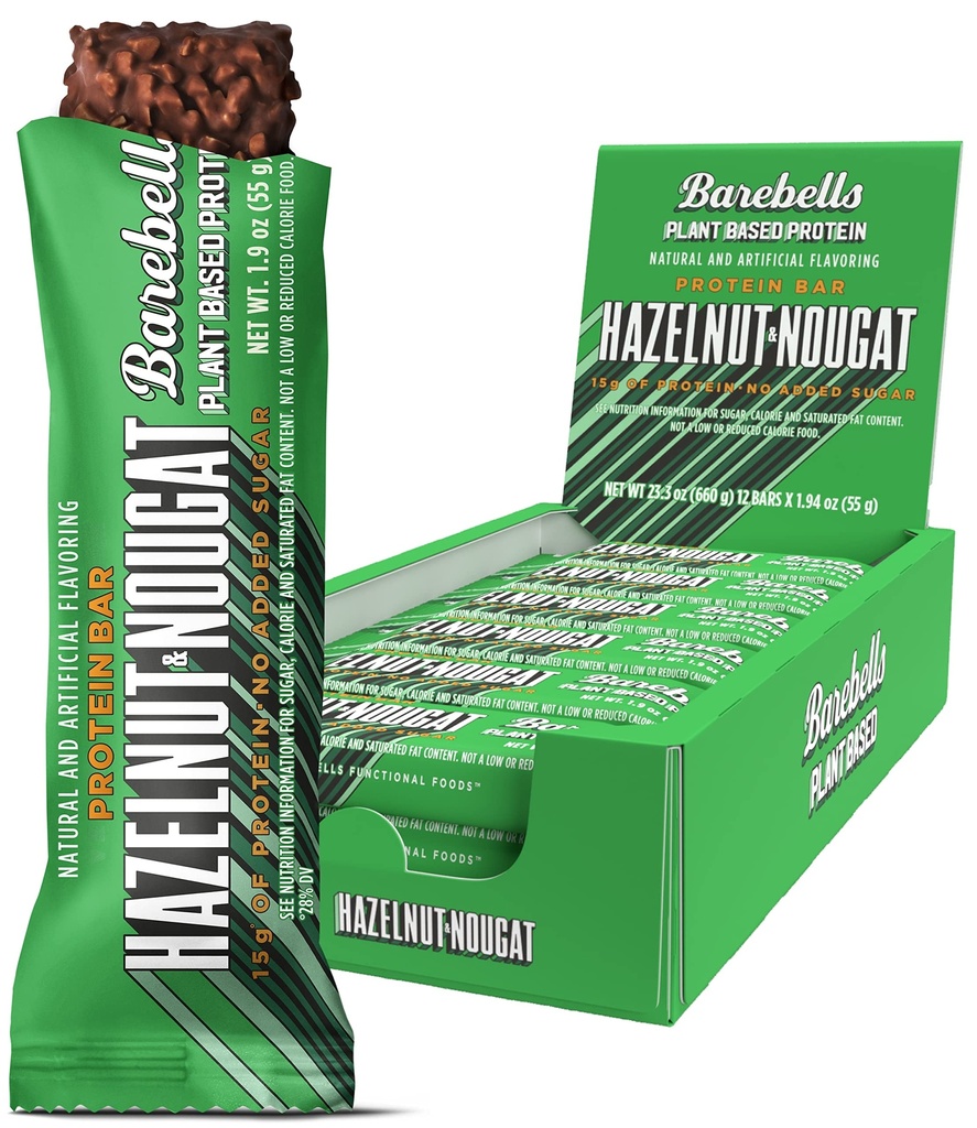 Barebells Vegan Protein Bars Hazelnut & Nougat - 12 Kont, 1.9oz Bars - Protein 15g ile Bitki bazlı Protein Barlar - Total Sugars - Ideal For Only 1g of Total Sugars - Ideal for Only 1g of Total Sugar