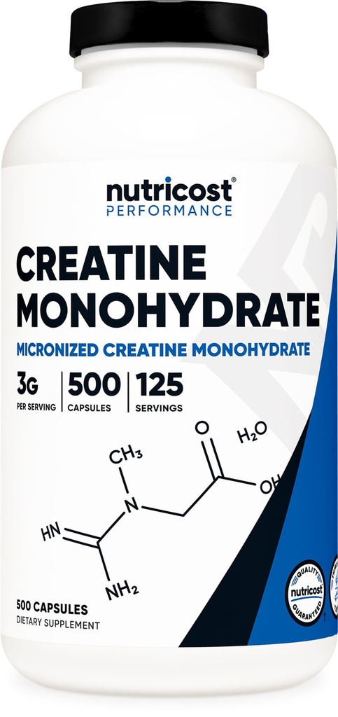 Nutricost Micronized Kretine Monohidrat 3.000 mg 500 Capsules, 125 Hizmet, Kreta Monohidrat Per Capsules
