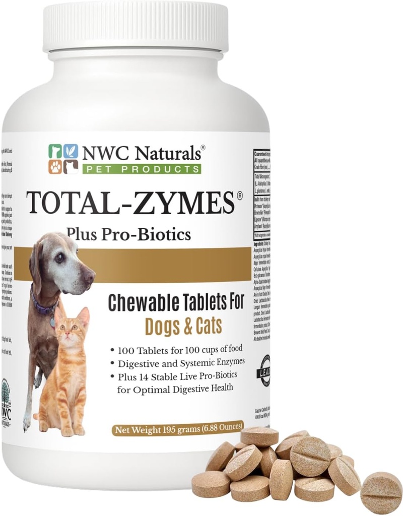NWC Naturals Total-Zymes Plus Vegetarian Digestive Enzymes for Dogs & Cats, Sağlıklı Bir Digestive Tract & Immune System, Advanced Probiyotiks & Prebiyotiks- 100 Chewable Tabletler