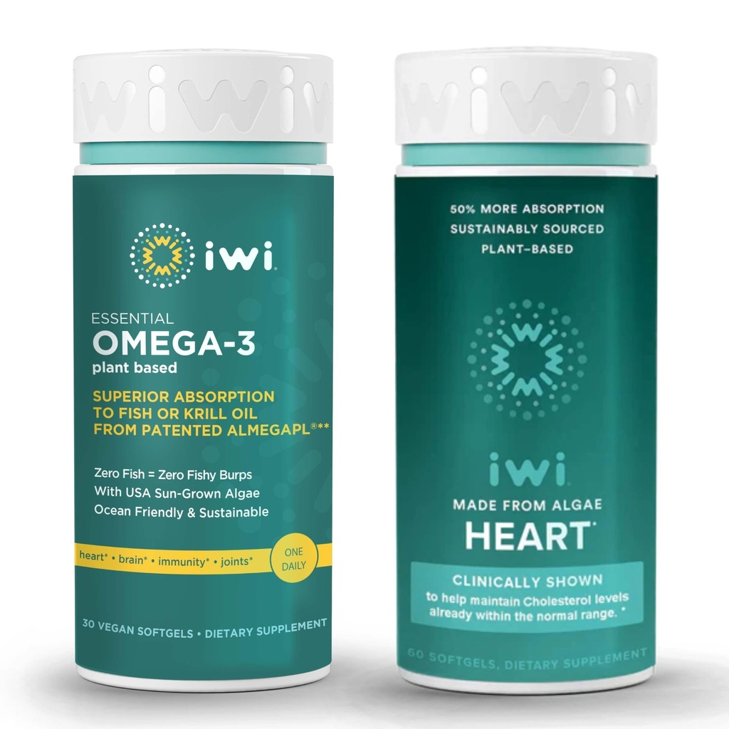 Iwi Omega-3 Essential & Heart Omega-3 Sche, 30 Hizmet, Vegan Plant-Based Algae Omega 3, Krill & Fish Oil Alternative, No Fishy Aftertaste
