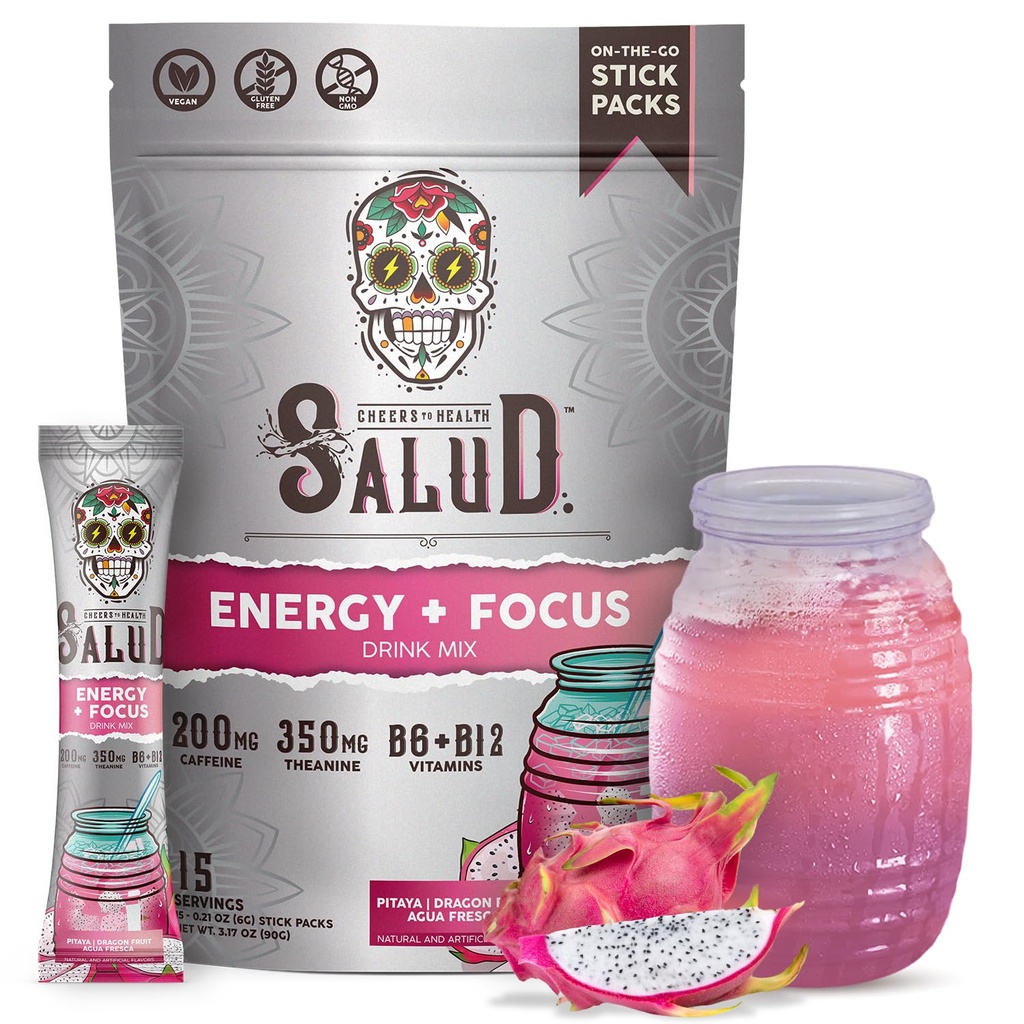 Salud 2in-1 Energy Drink Toz + Focus, Dragon Fruit, Organik Caffeine, B6 + B12, Theanine, Clean Energy Drink Packets, Pitaya Agua Fresca Mix, Non-GMO, Gluten Free, Vegan, 1g of Sugar, (15 hizmet)