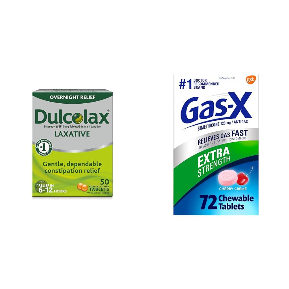 Dulcolax Overnight Relief Laxative for Gentle Constipation Relief, Bisacodyl 5 mg Tabletleri, 50 Kont & Gas-X Ekstra Kuvvetli Gaz Yardım Tabletleri Simethicone 125 mg for Bloating Relief