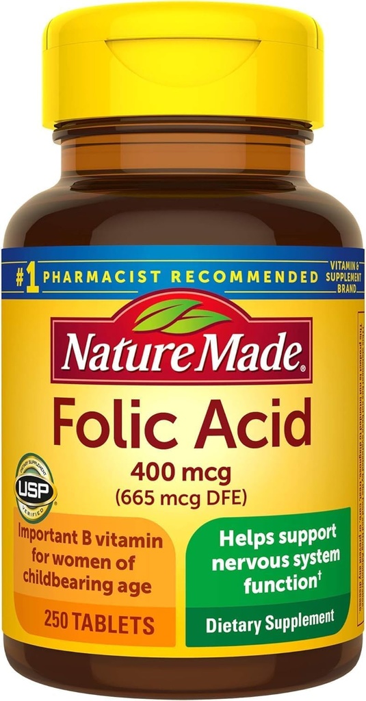 Nature Made Folic Acid 400 mcg (665 mcg DFE) Tabletler, 250 Kont (Pazar Mayıs Vary)
