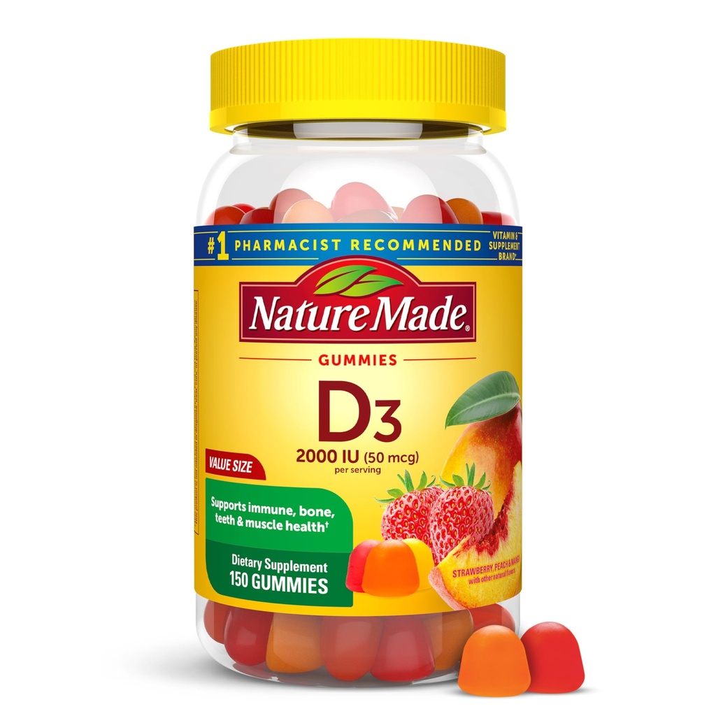 Nature Made Vitamin D3 2000 IU Per Care Gummies, Bone, Teeth, Muscle ve Immune Health Support, 75 Day Supply, 150 Vitamin D Gummies for Yetişkinler için