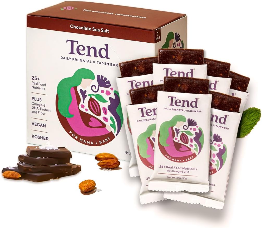Tend Daily Best Prenatal Vitamin Bar, Made with Organic Ingredients for Pregnant & Postpartum Mothers, Includes DHA, Vitamin D, B, Choline, Folate - Chocolate Sea Salt (7ct)