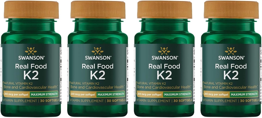 Swanson En Güçlü Vitamin K2 (Menaquinone-7)-Vitamin Supplement Supporting Cardiovascular ve Bone Health- Made from Japanese Natto to help Regulatedis (30 Softgels, 200mcg each) (4 Pack)