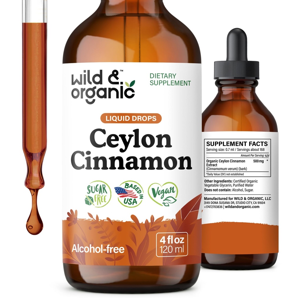 Wild & Organic Ceylon Cinnamon Tincture 500 mg - Sıvı Cinnamon Supplements for General Support - Cinnamomum Verum Bark Ekstraksiyon - Vegan, Sugar & Alkol-Free, Non-GMO - 4 fl oz