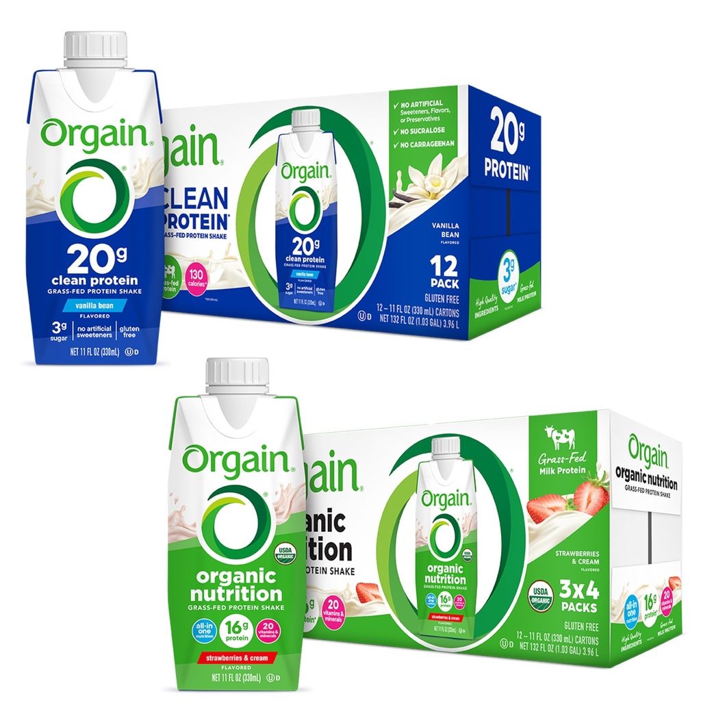 Ya da Taze Protein Shake, Grass Fed Süt, Vanilla Bean (12'nin paketi) ve Orgain Organik Beslenme Protein Shake, Strawberries & Cream (Pazarlama ve Krem)