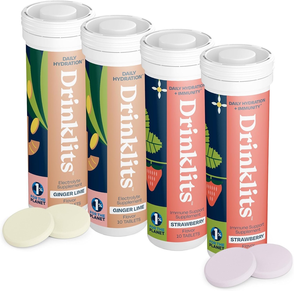 İçmeler Ginger-Lime Hydration Electrolytes & Strawberry Immune Support Tabletleri (4) Tube Combo Pack | Great Taste – Gluten Free – Daily Use | 4 Pack (40 hizmet)