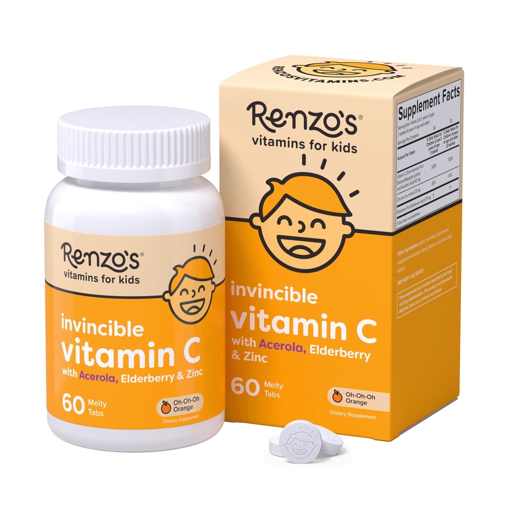 Renzo'nun Invincible Vitamin C for Kids with Elderberry and çinko, Dissolvable Kids Vitamins for Immune Support, 60 Orange-Flavored Melty Tabs