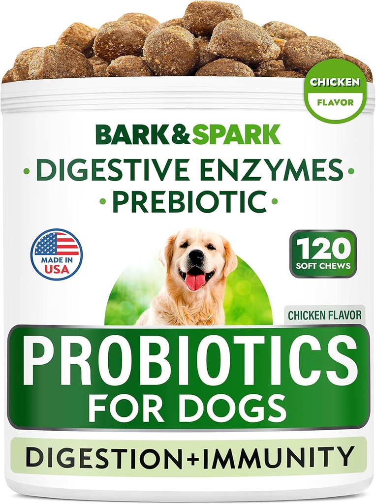 BARK&SPARK Dog Probiyotik Chews - Gas, Diarrhea, Allergies - Enzymes + Prebiyotiks - Chewable Fiber - Digestion, Immunity - USA Made - 90 Ct - Chicken