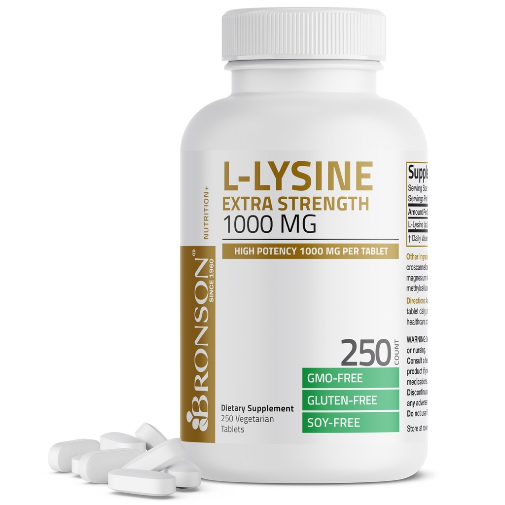 Bronson L-Lysine Ekstra Kuvvet 1000 MG Tablet Yüksek Potency, Immune Support & Supports Collagen Synthesis, Non-GMO, 250 Vegetarian Tabletler