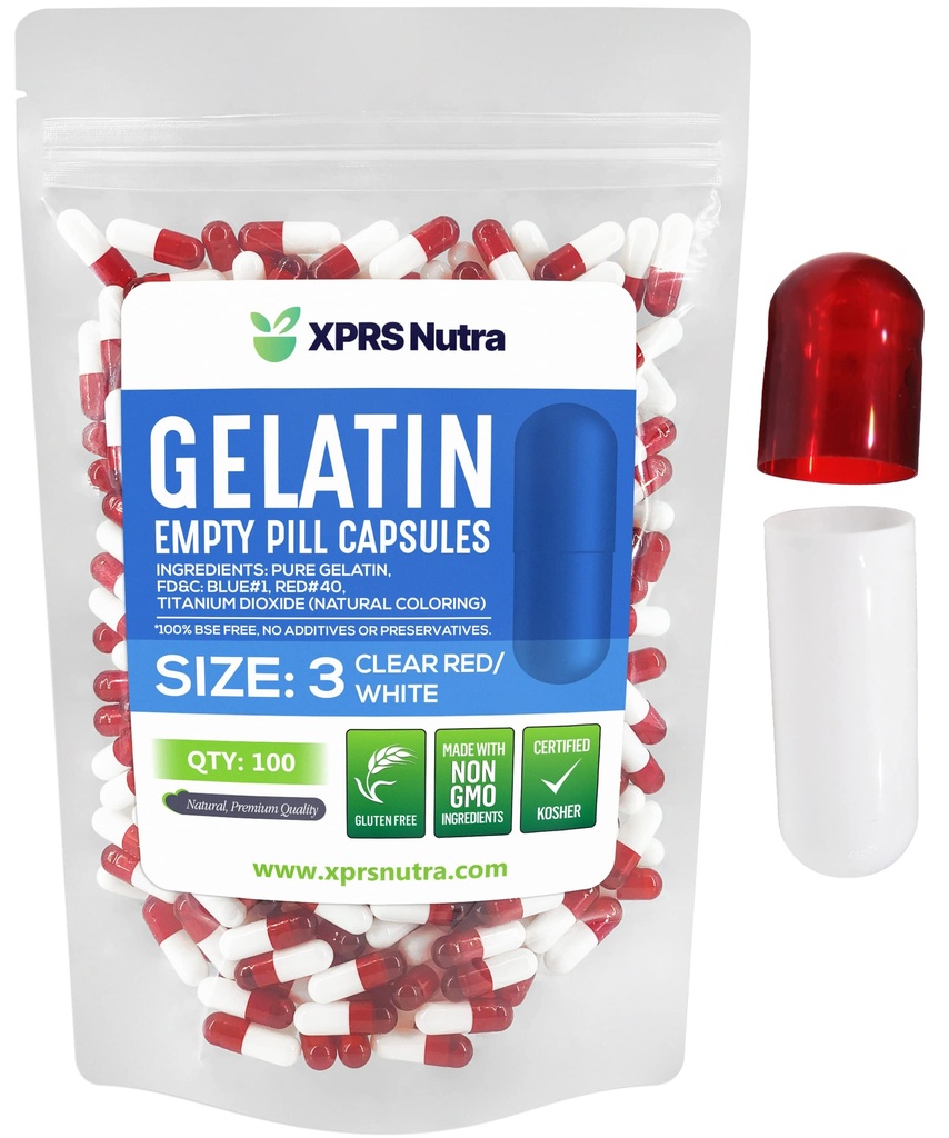 XPRS Nutra Boyutu 3 Boş Kapsüller - 100 Kont Boş Gelatin Capsules - Pills DIY Capsule - Pure Bovine Pill Gel Caps Do-It- Yourself Vitamins and Supplements (Clear Red/White)