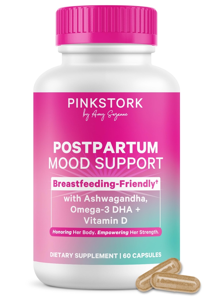 Pink Stork Postpartum Mood Support - Kadınlar için Postnatal Hormon Dengesi - Emzirme Dostu - Stres ve Bilişsel Destek, Yeni Anne Essentials - Ashwagandha, Chamomile, & Vitamin D, 60 Capsules