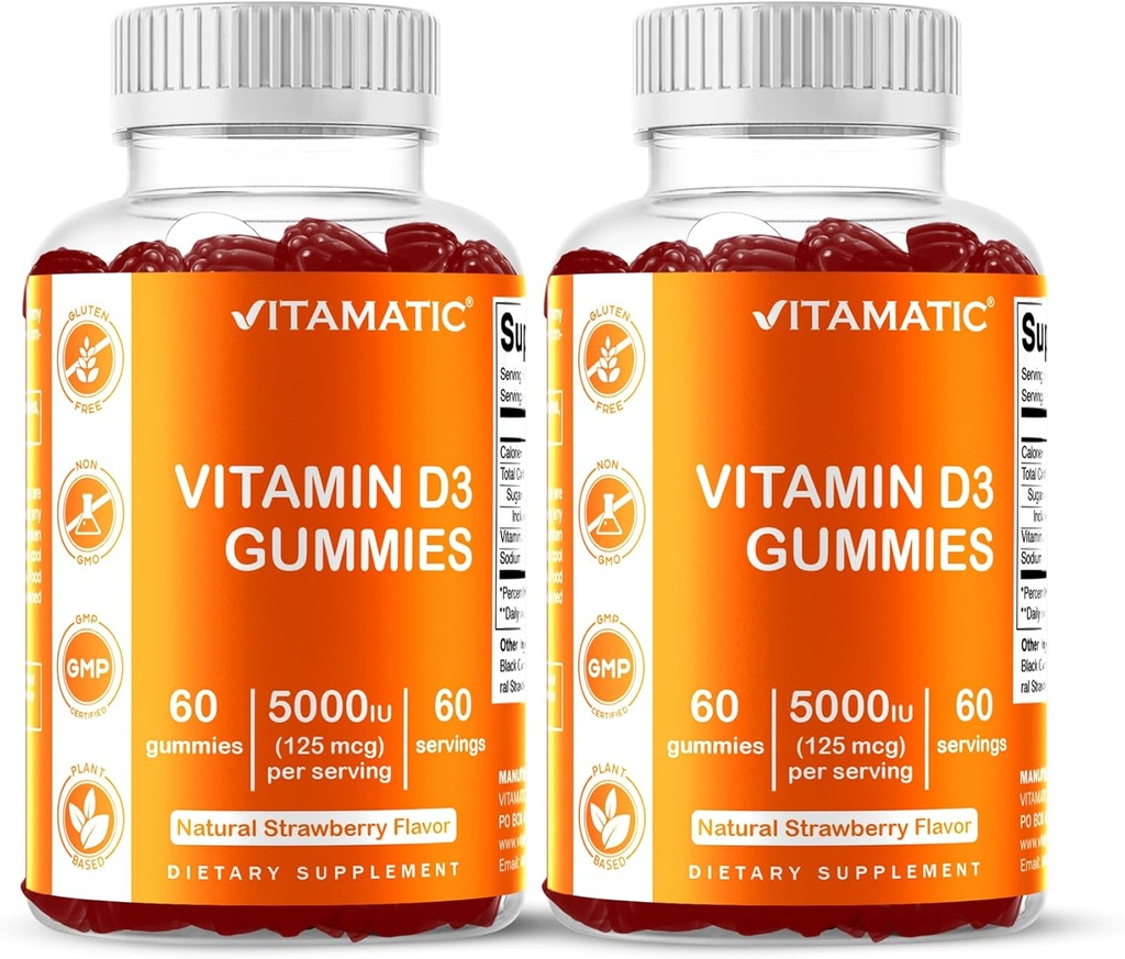 Vitamatic Vitamin D3 Gummies – 5000 IU Per Gummy | Şişe başına 60 Gummies | 2 Paket (Toplam 120) Büyük Tadı | Destekler Bone, Teeth, Mood, Ortak & Immune Health