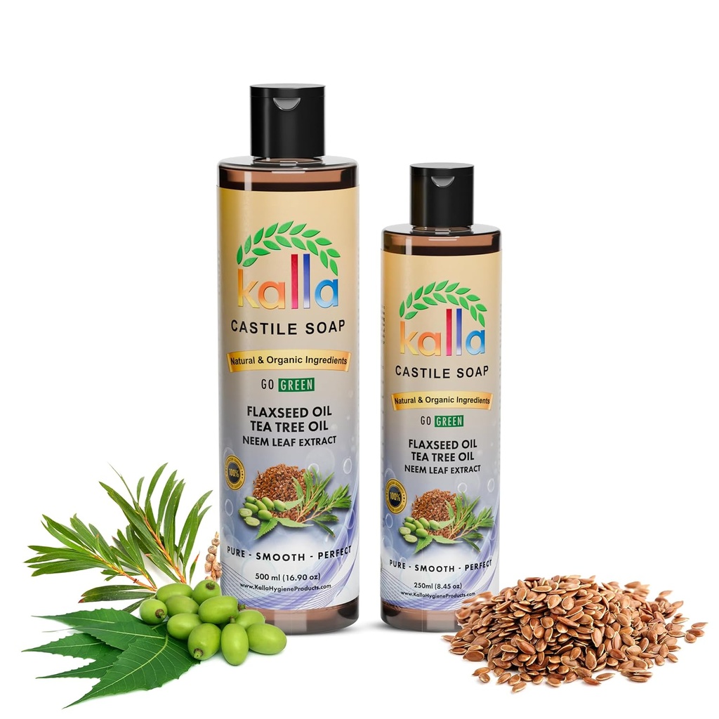 Kalla Organik Flaxseed Castile sabun% 100 Pure Castile Liquid Soap Neem yaprak alıntı-250 ml, sertifikalı Cold Pressed Virgin Coconut Oil, Tea Tree Basic Castile Gluten Free Hand Hand