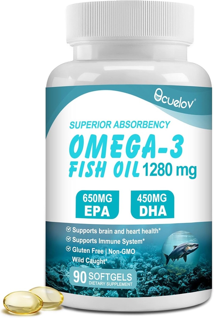 Omega 3 Fish Oil Supplements,Triple Strength Omega 3 Beslenme Supplement with 650 mg EPA 450 mg DHA Per Servis - Beyin, Eye, Heart & Immune Health Support - 90 Softgels (45 Serv)
