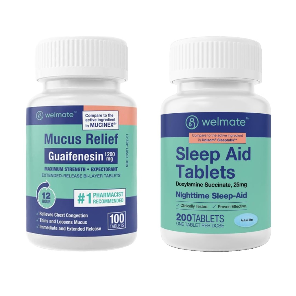 WELMATE Nighttime Wellness Sche: Maksimum Güçlü Guaifenesin 1200 mg Mucus Relief (100 Ct) & Doxylamine Succinate 25 mg Sleep Aid (200 Ct) | Genişletilmiş Uyku Yardımı