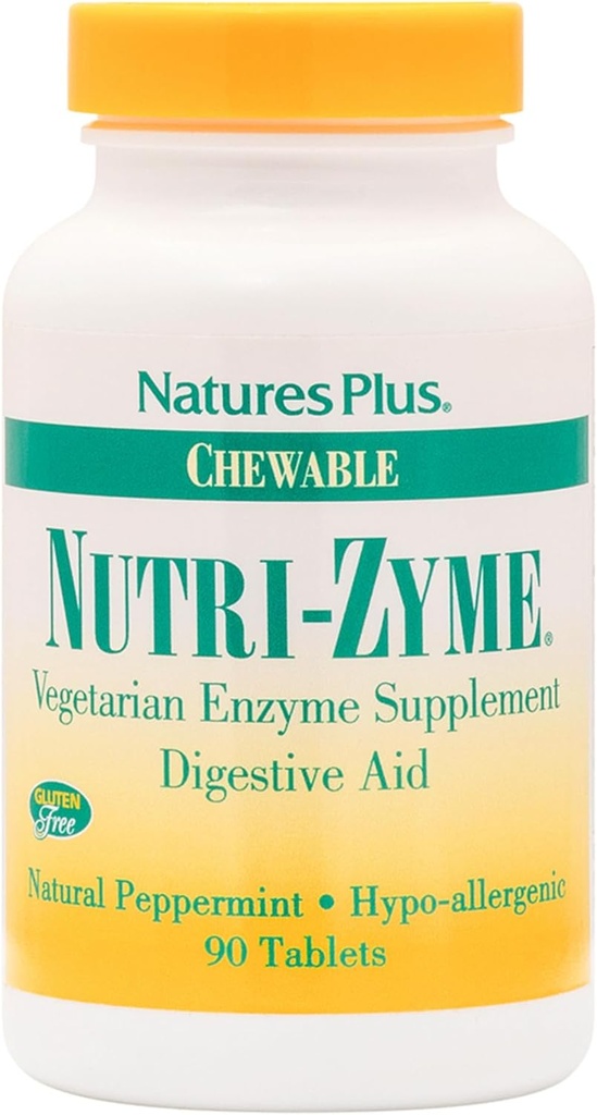 NaturesPlus Nutri Zyme - 90 Chewable Tabletler, Peppermint Flavor - Vegetarian Enzyme Supplement with Bromelain & Papain, Natural Digestive Aid - Gluten-Free - 45 Servisler