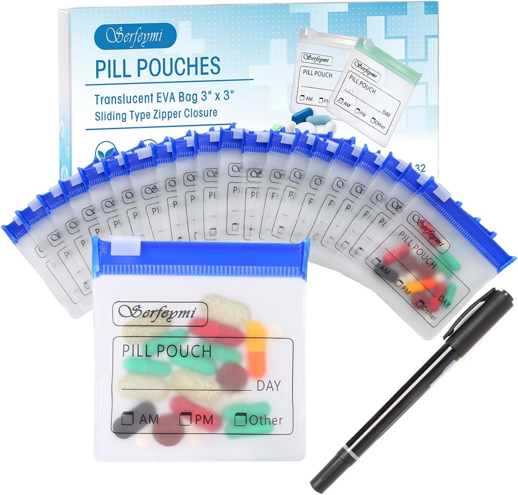 Serfeymi 32 Satışlı Pill Pouches Organizer Plastik Çanta 3 X 3 Inches 12 mil Kendi Kilitli Lock Writable Label Translucent Travel Medicine Storage Bag Case ve 1 Apple Marker-Mavi