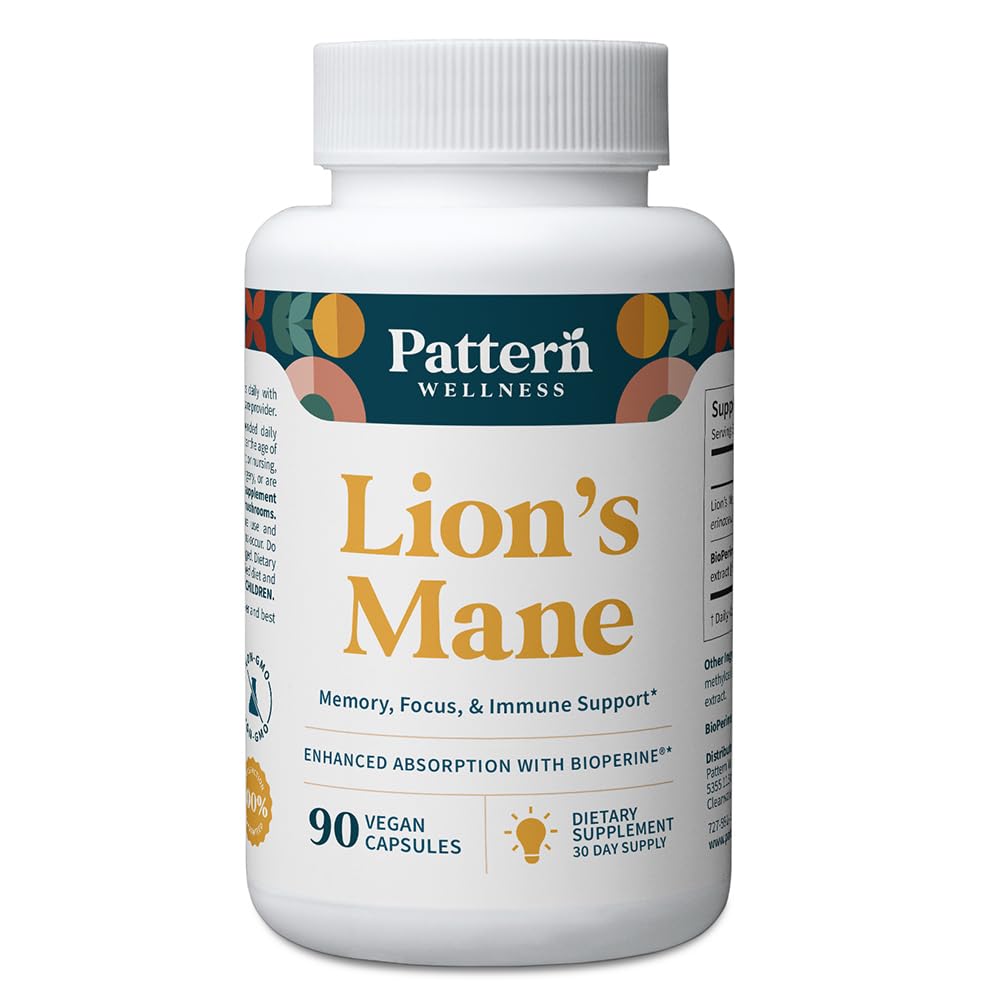 Pattern Wellness Lion's Mane Mushroom – Cognitive & Focus Support için Tamam Kapsüller – Gelişmiş Absorpsiyon – 90 Vegan Capsules