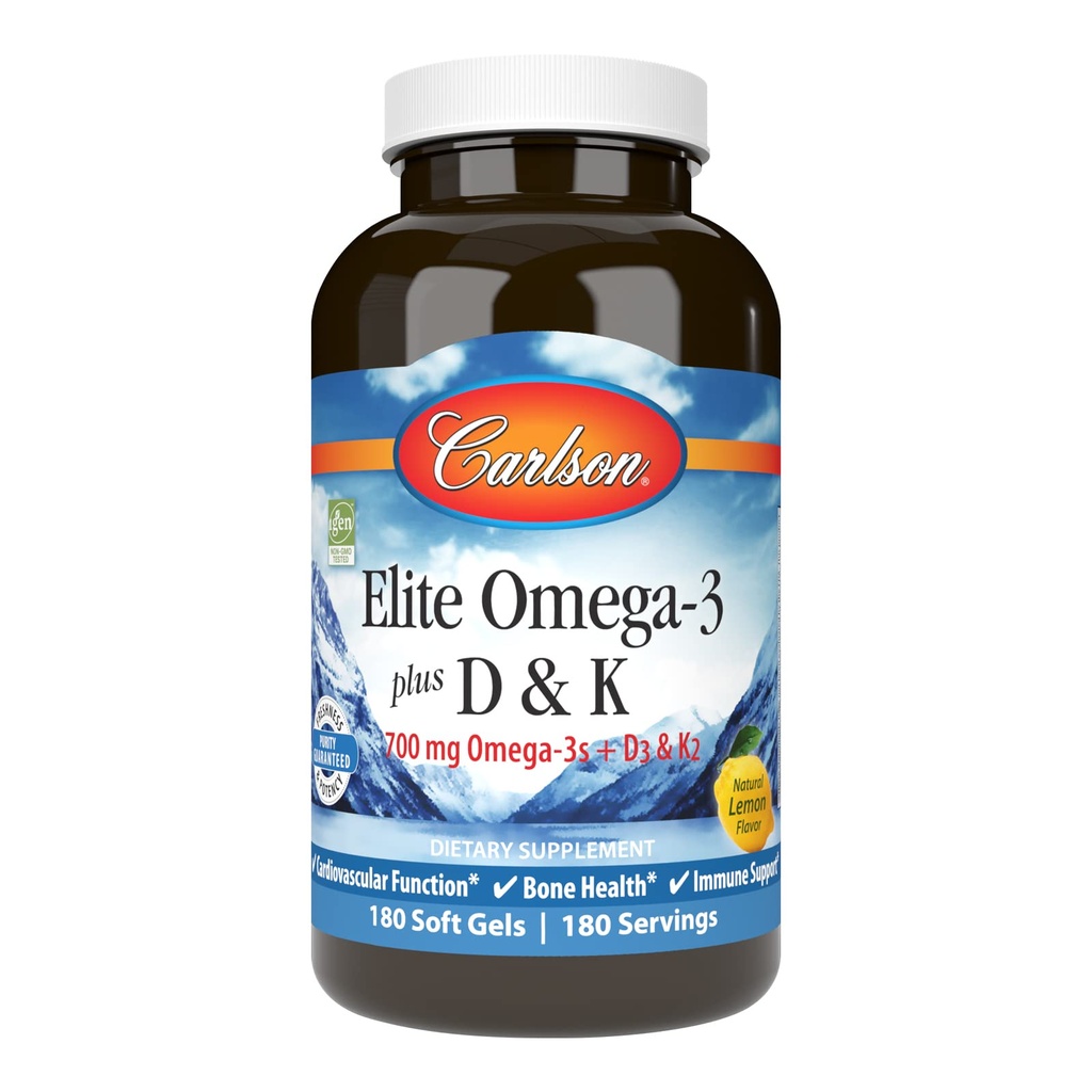 Carlson - Elite Omega-3 Plus D & K, 700 mg Omega-3s + D3 & K2, Fonksiyonlar, Bone Health & Immune Support, Lemon, 180 Softgels