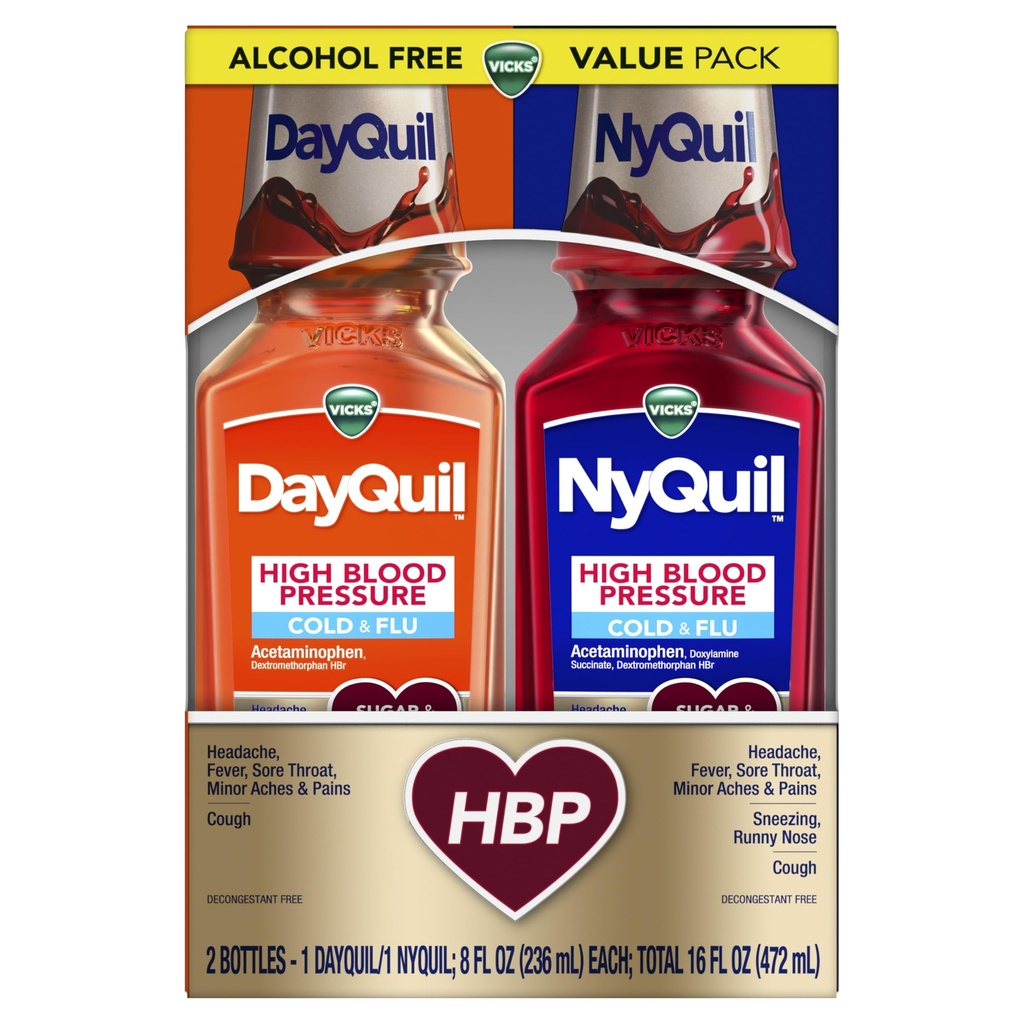 VICKS DayQuil & NyQuil High Blood Pressure Cold & Flu Relief Liquid Medicine Co-Pack, Güçlü Multi-Symptom Daytime & Nighttime Relief for Cold, Cough ve Flu Belirtileri, Sugar & Alkol Free, 2x8oz