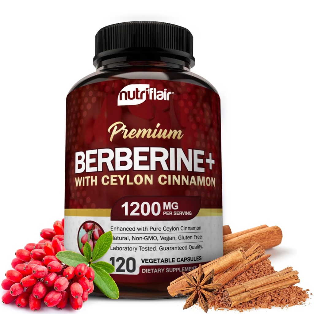 NutriFlair Premium Berberine HCL 1200mg, 120 Capsules - Plus Pure True Ceylon Cinnamon, Berberine HCI Root Supplements Pills - Immune System - Made in USA
