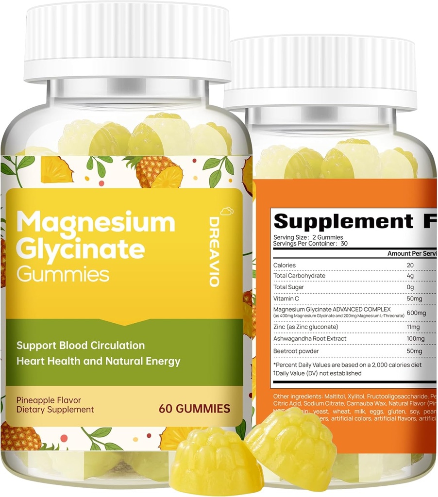 60 Kontino Glycinate Gummies 400 mg w/Ashwagandha Supplement - Sugar Free Magnezyum Glycinate Supplement Ashwagandha Gummies for Yetişkinler Pinele Flavor