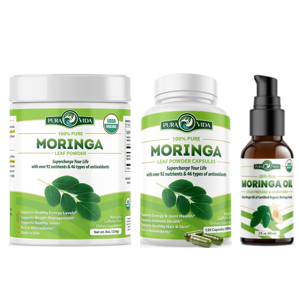 PURA VIDA MORINGA Toz 8 oz Capsules (120 Kont) ve Organik Moringa Petrol (2fl oz)