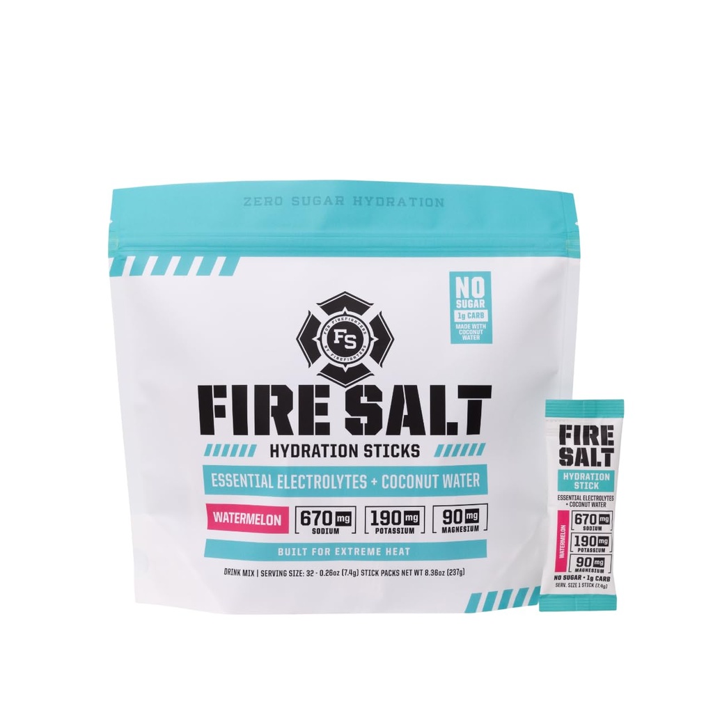 Fire Science Fire Salt Hydration Sticks, Electrolytes & Coconut Water, Hydration Drink Mix with Magnezyum, Pyum & sodyum, Zero Sugar, Single Serve On The Go Packs, Watermelon Flavor, 32 Count