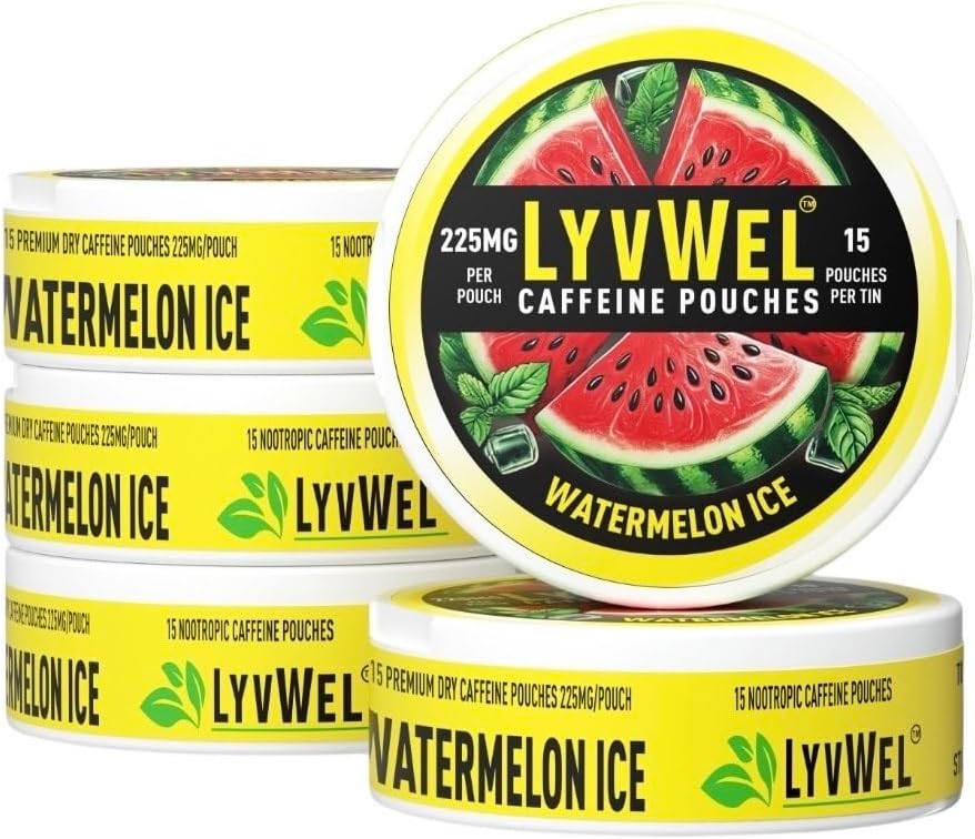 LyvWel 225 mg Caffeine Energy Pouches – Watermelon Buz 5-Pack (75 Pouches) – Yeni Enerji ve Odak – GuaranaEnhanced Clean Boost for Workouts & Grind