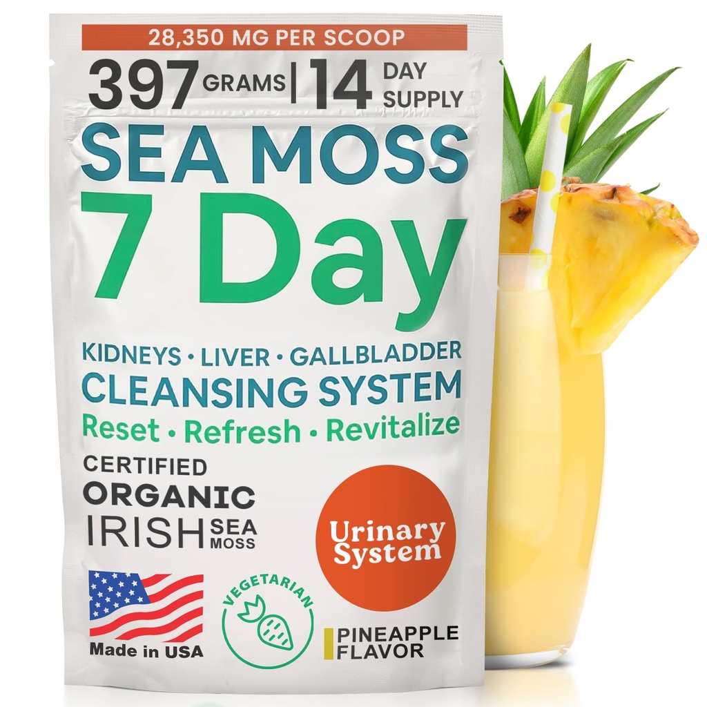 Atlantic Naturals Sea Moss 7 Day Detox Liver, Gallbladder & Kidney Cleanse - Dandelion Root ile Destek, Süt Butle, Burdock Root, Red Clover, Chanca Piedra - Pineapple Flavor Drink Mix (14 oz)