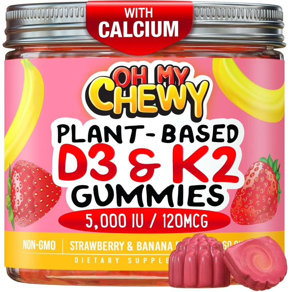 Center-Filled Vitamin D3 K2 Gummies - Çocuklar, Gençler ve Yetişkinler - Sağlıklı Dişler, Bone, Energy & Immunity - 5000 IU D3, 120 mcg K2 (MK-7), 120 mg - Vegan & Non-GMO - 120