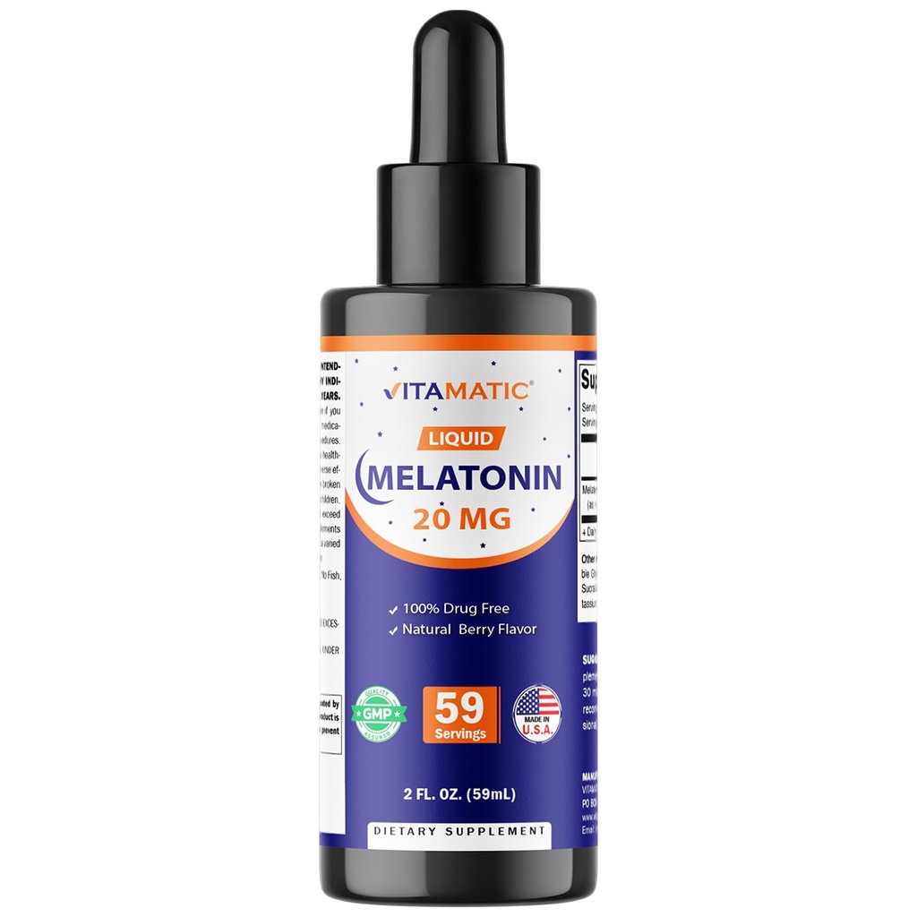 Vitamatic Melatonin 20 mg Liquid Drops – 2 Akışkan Ounce (59 ml) – Doğal Berry Flavor – Yetişkinler için – Non-GMO – Vegetarian Supplement