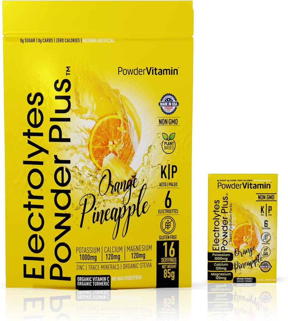 TozVitamin Electrolytes Toz Plus, Keto, Orange Pineapple, Sugar Free, Pink Himalaya Tuz, 1000 mg Pyum, 120 mguba, 120 mg Magnezyum, Non-GMO, Zero Calories, (16 Hydration Packets)
