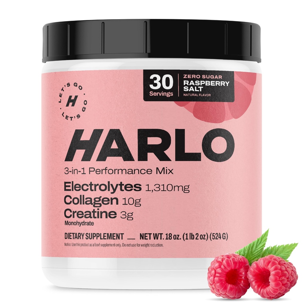 Harlo - Raspberry Salt Electrolyte Drink Mix with Bovine Collagen & Tinatine- Kretine Monohidrat Toz - Enerji İçecek Toz - Pre Workout Toz - Sugar Free Energy Drinks - Post Workout Recovery