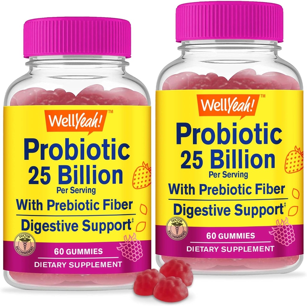 WellEvet (2 Pack 25 Milyar Probiyotiks + Erkekler ve Kadınlar için Prebiyotikler - Digestive Support, Gut Health, Immune Support Gummy - Probiyotikler for Digestive Health with 12 Strains - 60 Gummies - 60 Gummies - Digestive Support Gummy - Probiyotikler