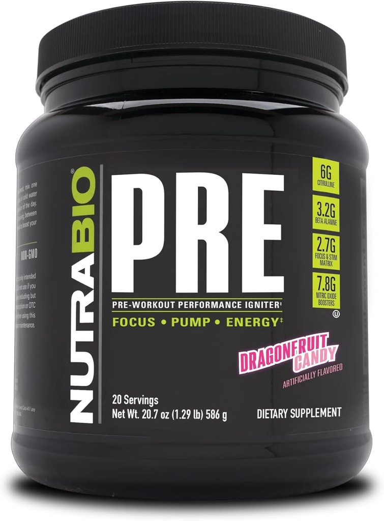 NutraBio PRE Workout Toz - Eski Formula- Sustained Energy, mental Focus, Endurance - Alanine, Kretine, Caffeine, Electrolytes - 20 Hizmet - Ejderha Candy